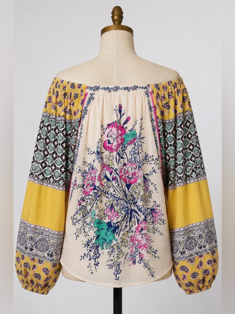 Free People Positano Printed Blouse Sz XS Peach Floral Off Shoulder Boho Y2K - Picture 8 of 15